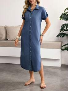 Sunnyshic Plus Size Single-Breasted Fashion Versatile Side Slit Denim Dress - Blue - View 3