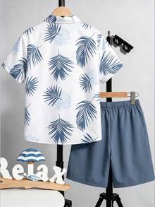 SHEIN 青少年夏季新款度假風全身印花短袖襯衫與短褲休閒兩件套 - 藍色 - 查看 2