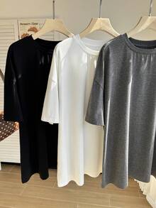Comfortcana 春夏服飾 白色+黑色+灰色 3色圓領俐落百搭短袖寬鬆大尺碼T恤 3件組 春夏百搭俐落寬鬆T恤多件套裝 - 彩色 - 查看 9