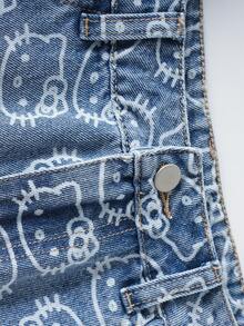 HELLO KITTY AND FRIENDS | SHEIN Women's All-Over Print Button Pocket Frayed Hem Casual Versatile Daily Wear Denim Shorts - Blue - View 4
