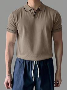 DAZY Summer Half-Button Solid White & Black Trim Men's Knit Top - Khaki - View 3