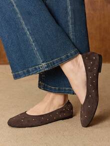 MOTF ZAPATOS PLANOS PARA MUJER CON TACHUELAS PUNTA REDONDA PARA EL DÍA DE SAN VALENTÍN Y PRIMAVERA - Café integral - Ver 2
