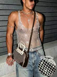 Manfinity Dauomo Men's Fashion Sexy Rhinestone Fishnet Tank Top - White - View 2