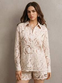 Anewsta Summer New Elegant Loose Fit Semi-Sheer Women Blouse - Apricot - View 4