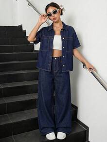 2 Potong Baju Kemeja Lengan Pendek Longgar Denim Biru Tua dan Celana Jeans Longgar dan Nyaman untuk Remaja Perempuan - Biru - View 4