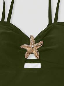 Swim Oasis Maillot de bain une pièce élégant grande taille pour femmes, vacances d'été à la plage, ensemble maillot de bain 2 pièces élégant pour femmes avec décoration perlée, bretelles doubles, contrôle du ventre, maillot de bain une pièce amincissant + jupe fendue polyvalente, maillot de bain marron, maillot de bain étoile de mer pour les vacances - Militaire verte - Voir 7