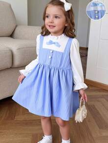 Young Girl Autumn 2 In 1 Dress, Textured Blue And White Patchwork Design, Exquisite Bow + Pearl Button Embellishment, Soft Skin-Friendly Fabric, Gentle Preppy Style High-Quality Children's Clothing - Blue - View 3