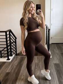 SHEIN Maternity Short Sleeve Top And Long Pants Sports Set - Brown - View 13