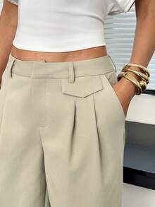 Easowa Women's Solid Color Pleated Design Wide Leg Loose Capri Pants - Khaki - View 6