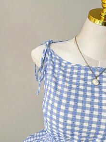Comfortcana Plus Size Vacation Plaid Tie-Front Ruffle Hem Top Light Blue Summer Fairycore Cute Kawaii Wedding Guest Dates Date Night - Blue - View 8
