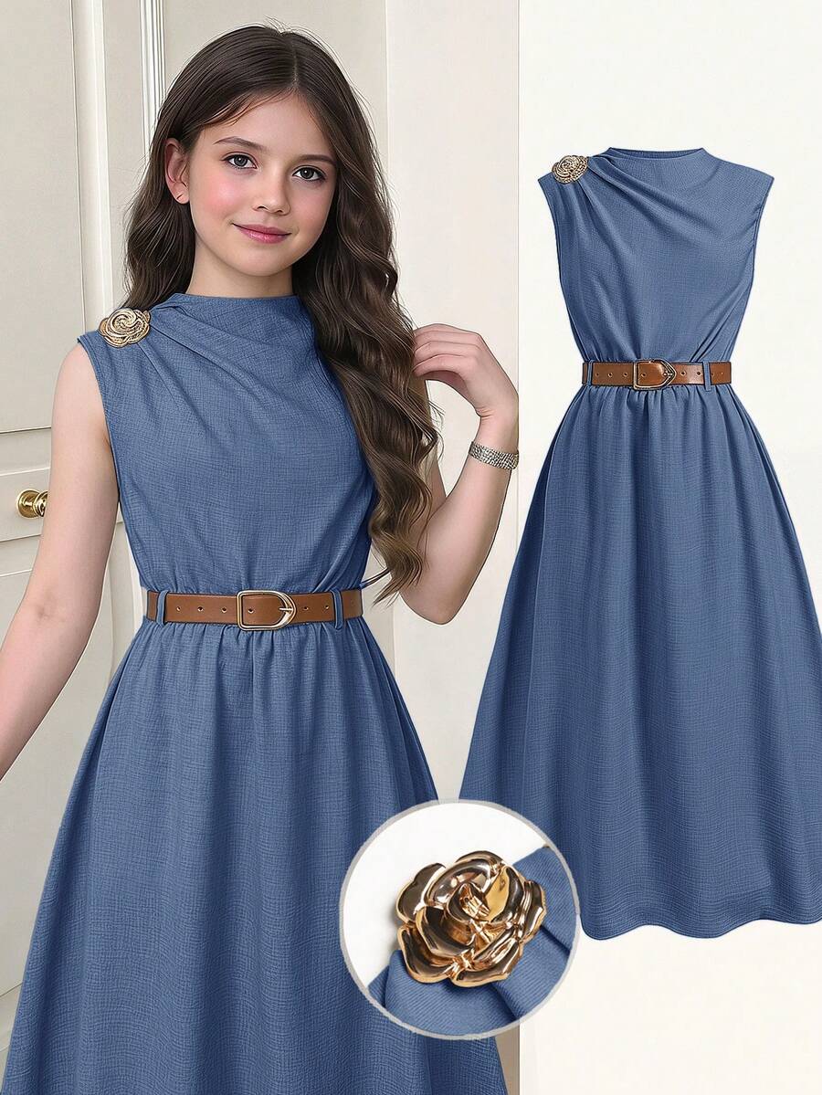 SHEIN Serisse Kids 少女休閒時尚通勤高領金屬鈕扣裝飾卡其色收腰A字洋裝附腰帶 - 藍色 - 查看 1