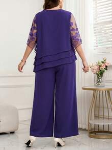 Reflora Plus Size Women's Floral Embroidered Pattern Mesh Patchwork Top And Pants Casual Elegant Traditional Business Dinner Mother Of The Bride 2-Piece Set - Purple - View 3