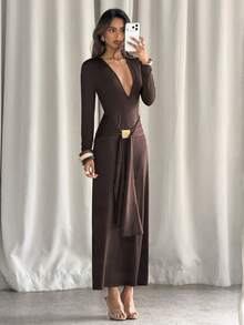 Aloruh Dark Brown Autumn/Winter Sexy Mature Elegant Deep V-Neck Party Dinner Night Bar Dress With Metallic Decor And Ribbon Accents Fitted Dress For Women - Brown - View 1