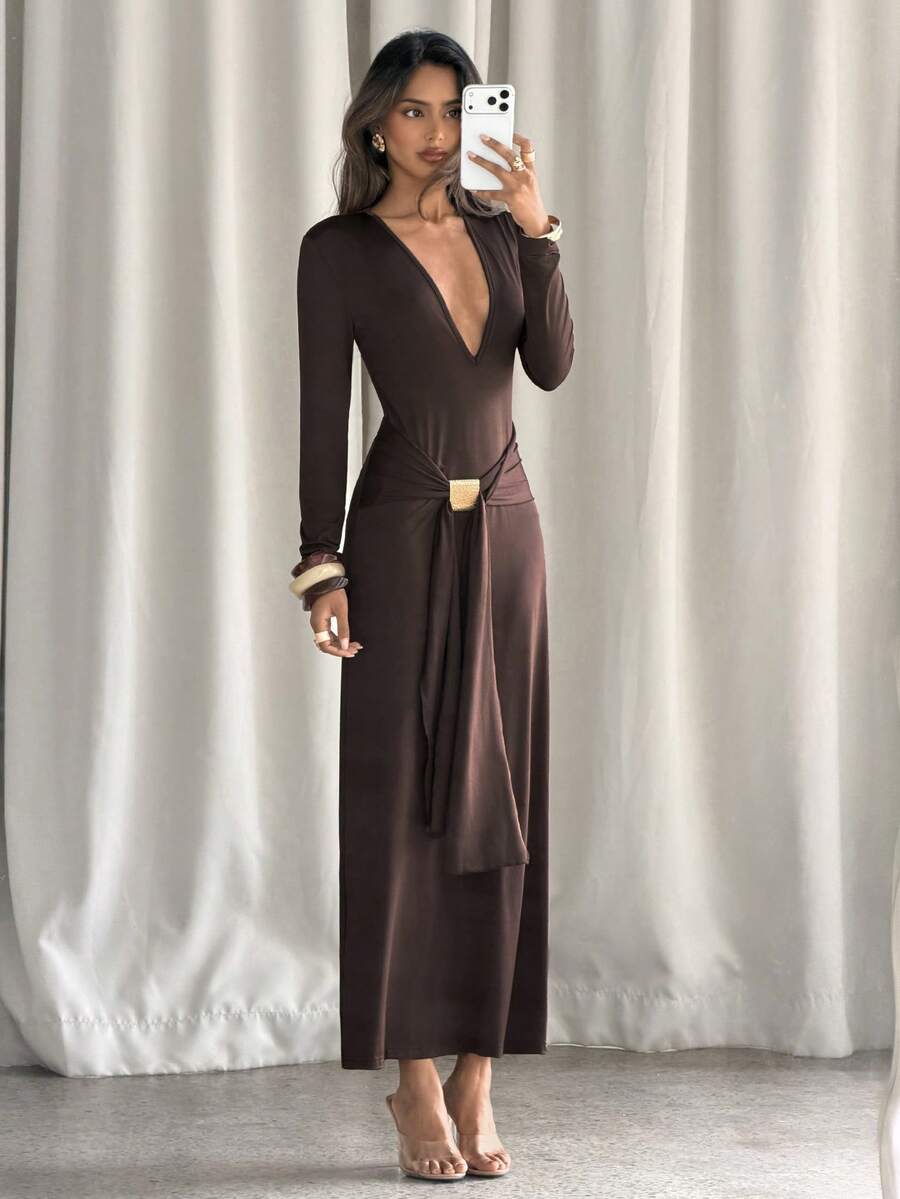 Aloruh Dark Brown Autumn/Winter Sexy Mature Elegant Deep V-Neck Party Dinner Night Bar Dress With Metallic Decor And Ribbon Accents Fitted Dress For Women - Brown - View 1