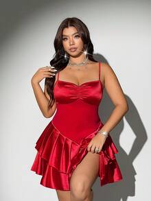 Viva Relle Plus-Size Women's Satin Double-Layered Pleated Spaghetti Strap Sexy Dress - Red - View 5