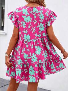 Breezaya Women Summer Solid Color Round Neck Loose Babydoll Dress With Ruffle Trim Vacation Beach Outfit - Multicolor - View 2