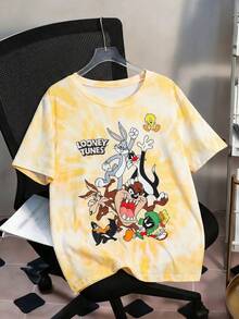 Flirla LOONEY TUNES X SHEIN 大尺碼女款夏季時尚街頭風休閒通勤度假趣味卡通紮染印花短袖T恤 - 彩色 - 查看 1