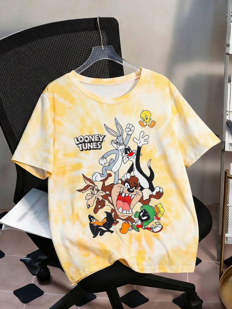 Flirla LOONEY TUNES X SHEIN 大尺碼女款夏季時尚街頭風休閒通勤度假趣味卡通紮染印花短袖T恤 - 彩色 - 查看 1