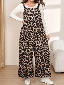 Comfylo Plus Size Leopard Print Wide Leg Jumpsuit - Brown - View 1