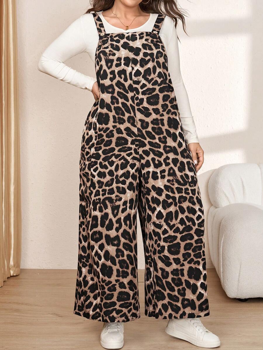 Comfylo Plus Size Leopard Print Wide Leg Jumpsuit - Brown - View 1