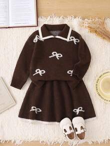 SHEIN Playful Pals 女童純色蝴蝶結圓領落肩長袖套頭毛衣＋配套裙子套裝，柔軟舒適，適合日常穿著、外出、旅行、度假、居家、托兒所及兒童遊戲 - 棕色 - 查看 1