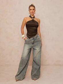 Lumalex Metal Decor Backless Hanging Ribbon Satin Top For Women - Brown - View 3