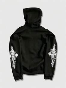 ROMWE MEN Goth 男士十字印花拉鍊連帽衛衣附抽繩 - 黑色 - 查看 4