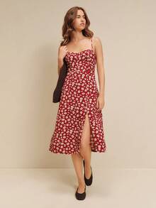 lacRébo Dark Red Floral Sleeveless Midi Dress With Sweetheart Neckline, Smocked Back And Side Slit Summer Autumn Holiday Brunch Vacation French Romantic - Red - View 1