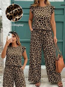 EMERY ROSE Mother's Day Vacation Style Leopard Print Cap Sleeve Round Neck Top+Straight Loose Pants 2 Pieces Set, Casual Minimalist Plus Size Printed Outfit - Multicolor - View 7