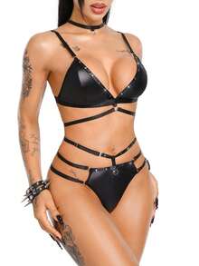 AltBold European And American Style Hot Girl Matte Patent Leather Cool Rivet Lace-Up Comfortable Non-Wired 3-Piece Women's Lingerie Set - Black - View 1