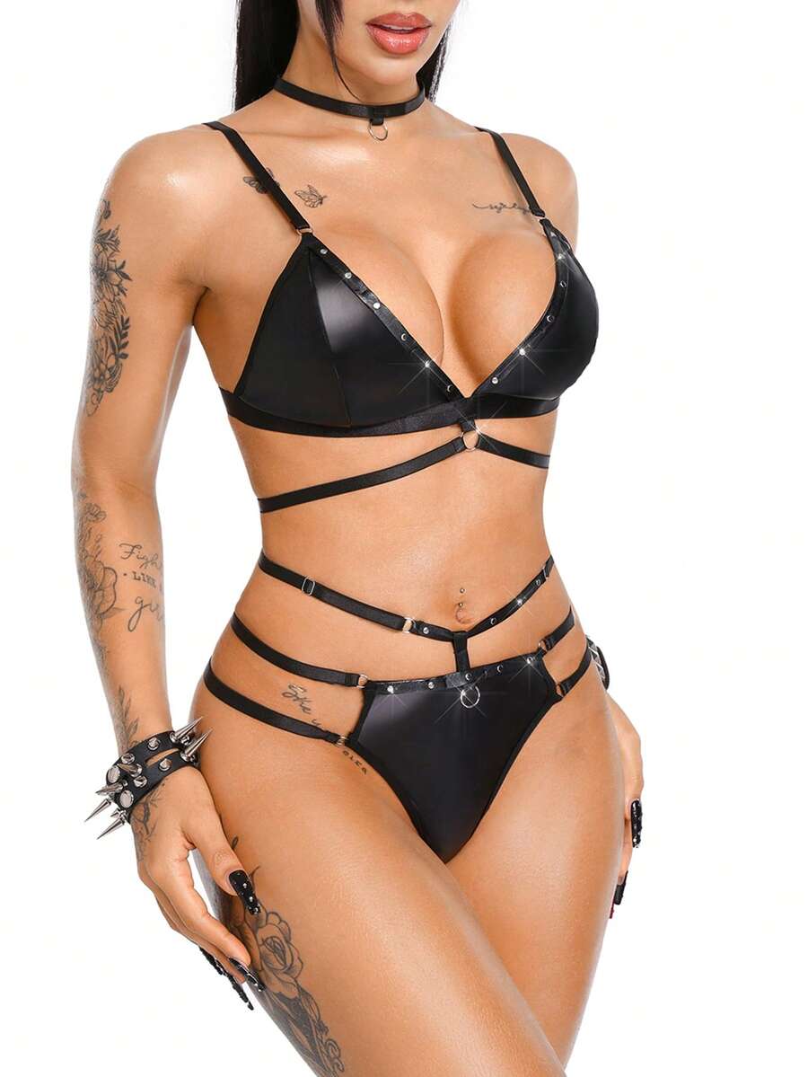 AltBold European And American Style Hot Girl Matte Patent Leather Cool Rivet Lace-Up Comfortable Non-Wired 3-Piece Women's Lingerie Set - Black - View 1