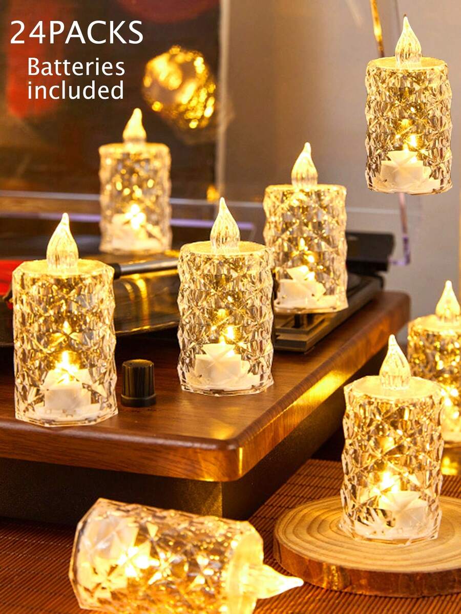 12/24pcs Crystal Diamond Shaped LED Candle Light,Battery Powered Flameless Candle Light, LED Decorative Tea Candle Light With Battery,Ideal For Wedding, Dining Table, Festival Decoration,Parties Desktop Decoration Candles