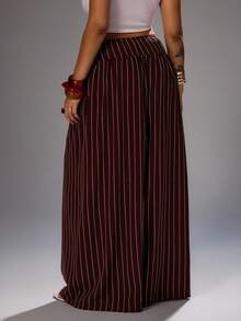 Rustia Plus Size Casual Striped Wide Leg Pants Fall - Brown - View 2