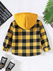 SHEIN Genkimix Kids Boys' Plaid Pattern Hooded Shacket, Spring/Autumn - Yellow - View 2