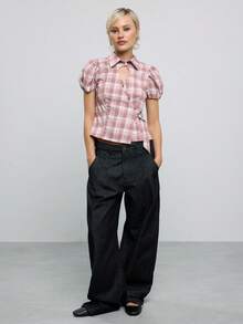 COUREZ Tie Side Puff Sleeve Shirt With Front Cut Out In Pink Check / Y2K Autumn Clothes Summer Outfits For Women Going Out Outfits Fall Shirts Going Out Top - Multicolor - View 5