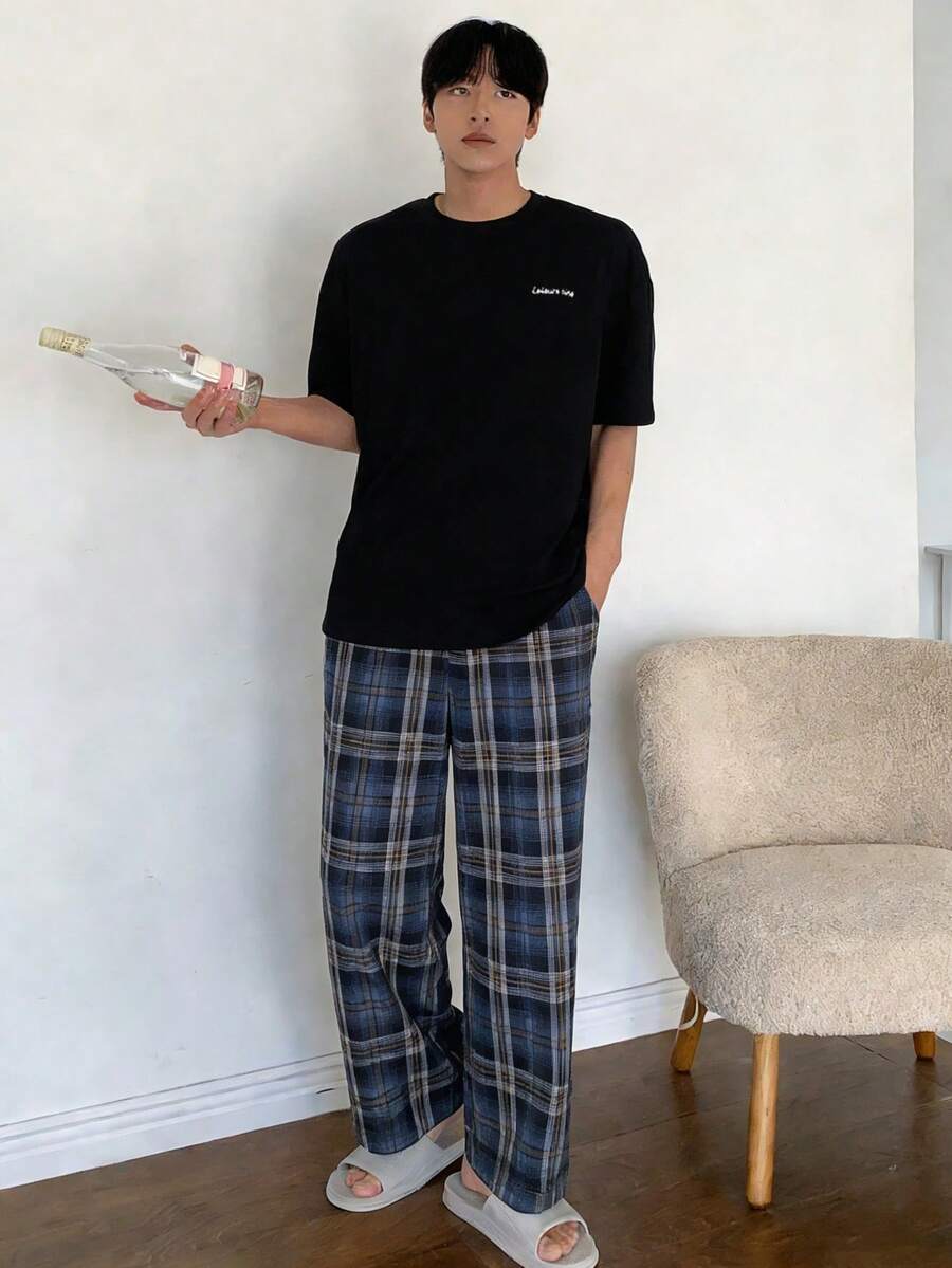 DAZY 男士字母印花T恤和格子裤睡衣套装,春夏款 - 彩色 - 查看 1