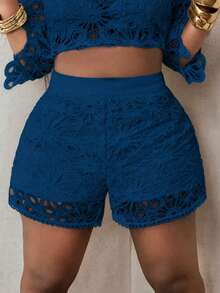Maweii Plus Size Women's Solid Color Hollow Out Casual Daily Shorts - Navy Blue - View 1