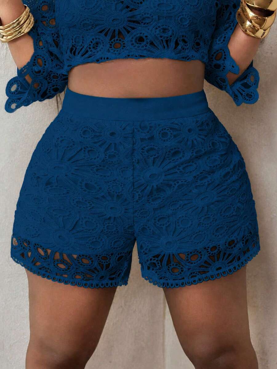 Maweii Plus Size Women's Solid Color Hollow Out Casual Daily Shorts - Navy Blue - View 1