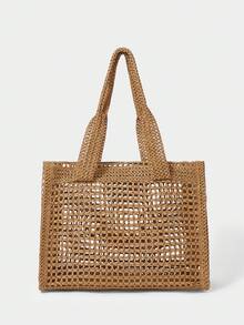 SHECARRY 女款時尚卡其色草編編織托特包，精緻刺繡線條字母，休閒度假鏤空單肩包，適合度假、旅行、海邊、海灘、波西米亞風、百搭 - 卡其色 - 查看 4