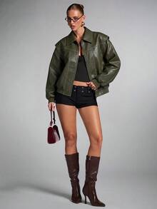 SHEIN x Tata & Beatriz SHEIN BAE Women's Solid Color PU Leather Long Sleeve Zipper Front Jacket - Army Green - View 6