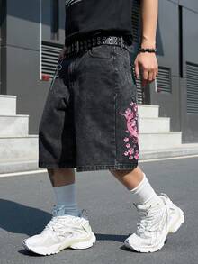 Manfinity Roghcode Men's Street Fashion Casual Embroidered Dark Gray Plus Size Denim Shorts - Dark Grey - View 5