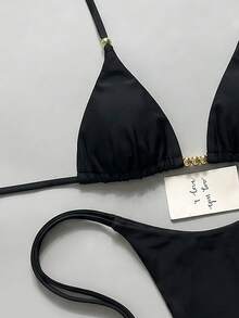 Swim Vcay 女款夏季海灘度假掛脖性感丁字比基尼套裝，珠飾裝飾，女性節慶穿搭，度假穿搭，海灘穿搭，黑色上衣 - 黑色 - 查看 4