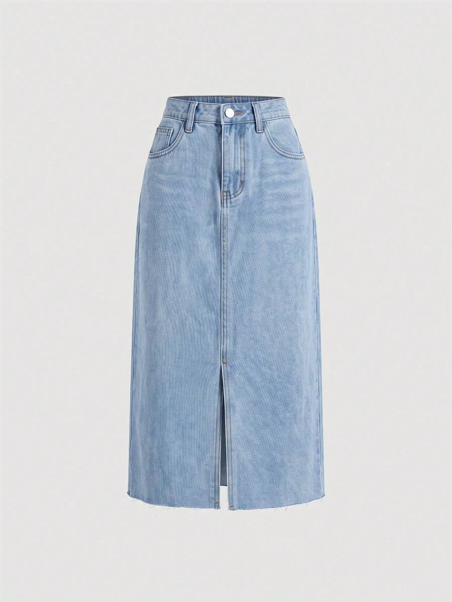 SHEIN Girlism 青少年女孩時尚百搭鈕扣口袋前開衩牛仔裙 - 淺色水洗藍 - 查看 1