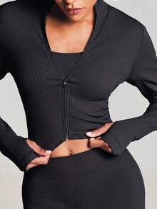 11SKNDS Jaket Crop Bergaris dengan Resleting Penuh, Kerah Tinggi, Lengan Panjang, Manset Lubang Jempol, Kain Elastis yang Pas di Badan, Ideal untuk Lapisan Kasual Aktif Sepanjang Musim - Hitam - View 3