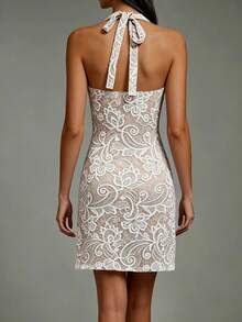 CHARMVALE New Sexy Lace Halter Neck Dress, Deep V Cinched Waist Party Date Night For Dates Beige Summer - White - View 4