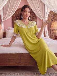 Jahmira Palace Style Embroidered Floral Lace Patchwork V-Neck Button Front Short Sleeve Nightgown - Olive Green - View 3