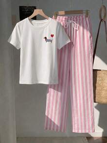 SHEIN Essnce 2件組刺繡圓領短袖上衣與條紋印花長褲，休閒風 - 粉色 - 查看 3