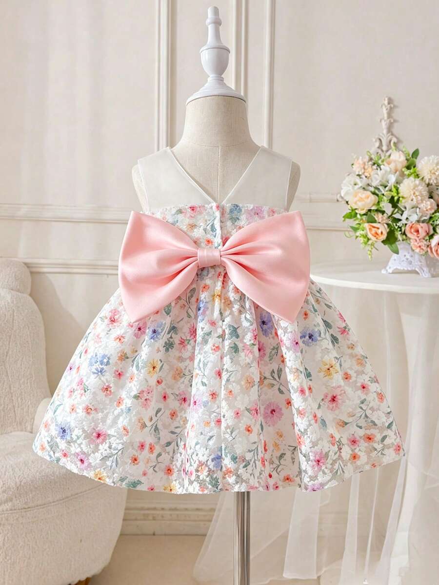 SHEIN Glamorique Kids 女嬰無袖洋裝,蕾絲面料搭配彩色碎花印花,背面可拆卸粉色緞面蝴蝶結,適合生日派對、家庭聚會、拍照、日常度假、婚禮、畢業舞會,夏季短洋裝 - 米色 - 查看 1
