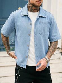 GALLERY FADE Áo sơ mi denim nam tay ngắn, màu trơn, cài cúc phía trước và có túi, kiểu dáng thường ngày. - Màu xanh lam - Xem 3