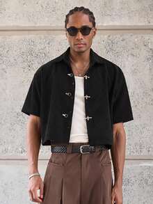 ESTAVOR Spring/Summer Men's Corduroy Short Sleeve Shirt - Black - View 5